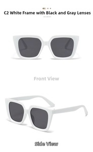 Detail view of large white square frame sunglasses with dark grey lenses and retro style