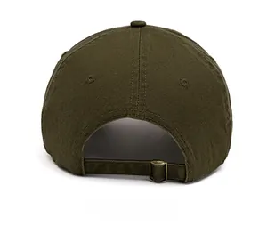 Rear view of vintage olive green baseball cap showing metal buckle and distressed detail