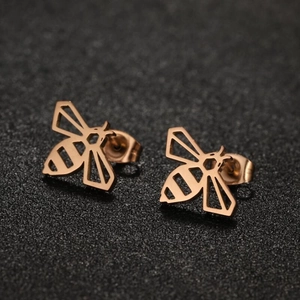 Minimalist geometric hollow bee stud earrings in elegant rose gold stainless steel