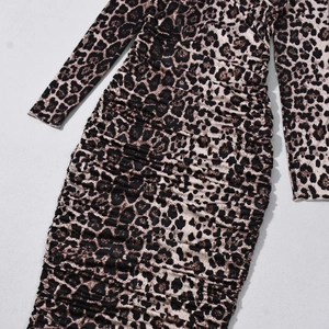Flat lay view of a long-sleeved leopard print dress with ruched details and a slim fit
