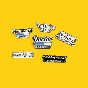 Set of 6 math and medical enamel pins featuring pharmacist and doctor loading bars on yellow