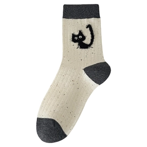 Mid-calf beige nep yarn socks with cartoon cat pattern and contrasting grey trim