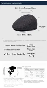 Size guide for men's wool blend flat cap showing measurements and head size chart