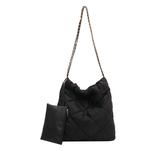 Black quilted puffer shoulder bag with chain strap and matching small pouch set