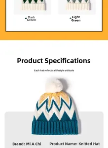 Detail of winter knit beanie featuring colorful zigzag pattern and fluffy faux fur pompom
