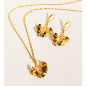 Ginkgo Leaf Necklace And Earrings Brass Gold Plated Vintage Retro Style Nature Inspired Accessories For Women