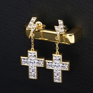 Details von Hip-Hop-Ohrringen mit Blitz und Kreuzanhängern aus Gold und Zirkon