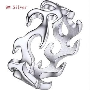 Detail view of flame pattern silver stainless steel ring in size 9 with matte finish