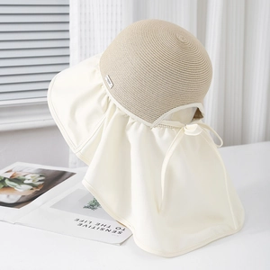Cappello da sole donna a tesa larga con cupola in paglia, proteggi collo e fiocco