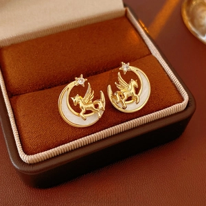 Pegasus Moon Stud Earrings Vintage Gold Copper Alloy With Silver Earring Post Zircon Shell Retro Jewelry For Women