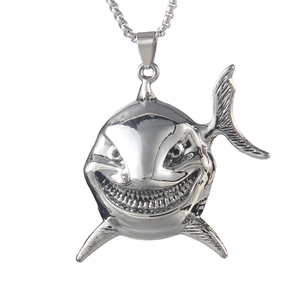 Silver stainless steel shark pendant necklace with detailed shark head and sharp teeth
