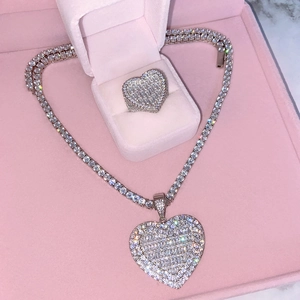 Sparkling iced out heart necklace and ring set in pink jewelry box for women
