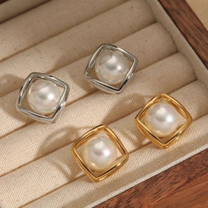 Minimalist square geometric 316 stainless steel pearl stud earrings in gold and silver set