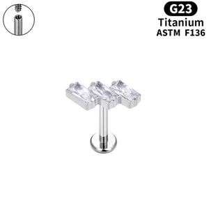 G23 titanium flat back stud with three rectangular zircons and internal threading