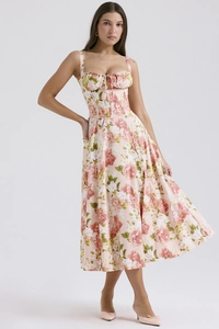 Close-up of French vintage floral pattern and corset style bodice on summer midi dress