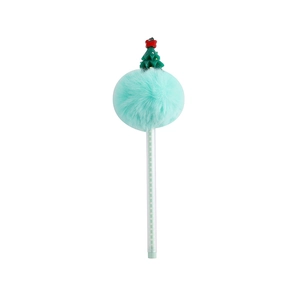 Detail of light cyan plush ball pen with a green Christmas tree topper and polka dot barrel