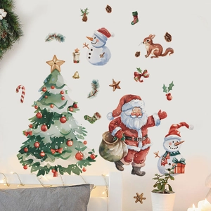 Stickers muraux de Noël aquarelle avec Père Noël, bonhomme de neige et sapin sur mur blanc