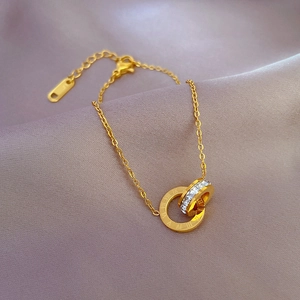 Elegant gold titanium steel double ring necklace with Roman numerals and crystals