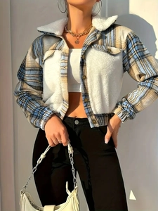 Women Plaid Patchwork Jacket Faux Lamb Wool Fleece Short Cropped Coat Lapel Button Down Elegant Chic Streetwear Outerwear