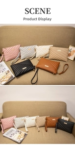 Quilted leather wristlet pouches in multiple colors displayed on a beige sofa