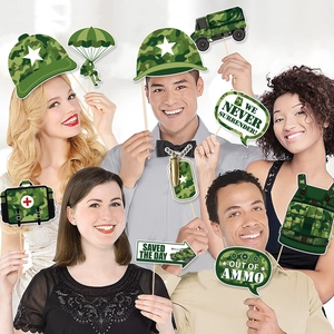 Military party photo props with camouflage helmets and tanks held by models