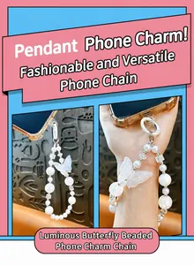 Luminous butterfly beaded phone strap with white pearls shown as a cute accessory details