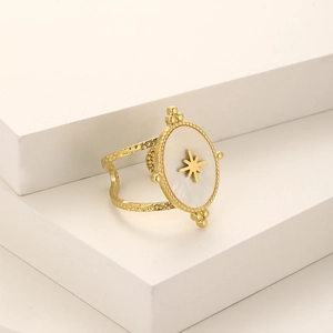 French vintage gold plated stainless steel ring with oval mother of pearl and star