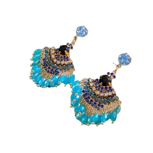 Vintage fan-shaped tassel earrings with peacock blue zircon crystals and gold finish