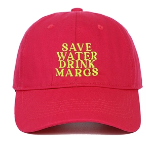 Close-up of Save Water Drink Margs embroidery on red cotton twill baseball cap