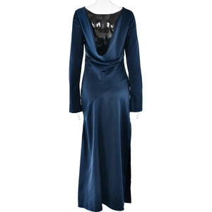 Detail of the back of a navy satin maxi dress featuring a cowl neckline and side slit