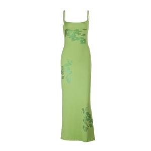 Slim fit grass green slip dress with sequin floral embroidery and silky texture