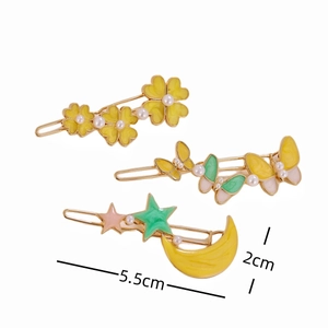 Three-piece Korean hair clip set with butterfly, floral and star moon pearl designs