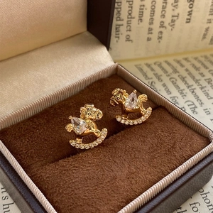 Rocking Horse Stud Earrings Gold Plated Copper With Zircon And Silver Earring Post Cute Novelty Jewelry For Women
