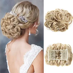 Macro detail of curly synthetic hair bun with internal combs for secure low bun styling
