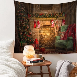 Detail of a Christmas tree tapestry showing high-quality digital printing and fabric texture
