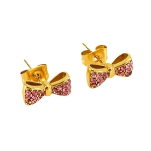 Boucles d'oreilles nœuds plaquées or 18 carats avec strass roses sur fond blanc pur