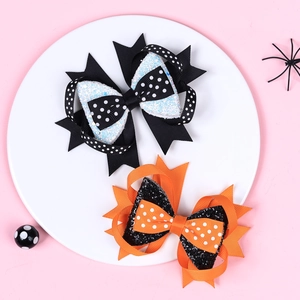 Halloween layered bow hair clips in orange and black sequins for girls, 2-piece set