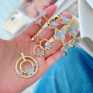 Fashion Copper Butterfly Jewelry Set 18K Gold Plated Rhinestone Inlaid Open Bracelet Necklace Ring Earrings For Women