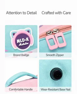 Detalle de mochila infantil impermeable con cremallera y logotipo de marca
