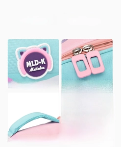 Detailed close-up of water-resistant children backpack with zipper and logo