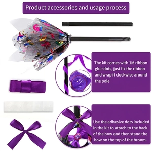 Halloween LED witch broom with mesh sequins and purple ribbon for party decoration