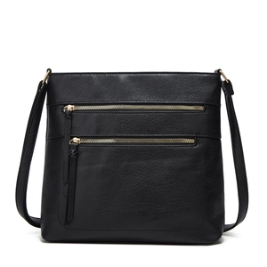 Close-up of black PU leather tote bag with dual front zipper pockets and gold hardware