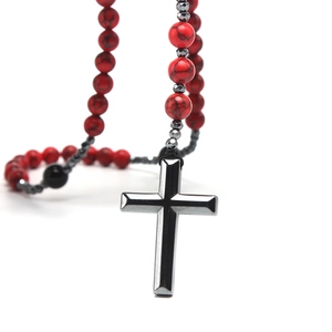 8mm Red Turquoise and Black Agate stone bead necklace with a silver metal cross pendant