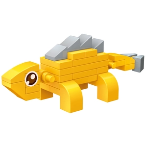 Detailed view of an assembled yellow and grey ankylosaurus building block toy on white background
