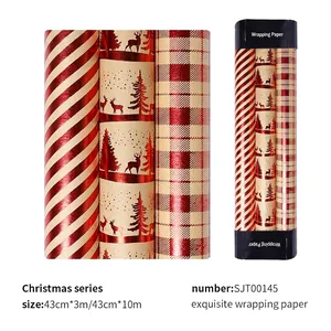Christmas Gift Wrapping Paper Rolls Kraft Paper Red Bronzing Reindeer Plaid Stripes Holiday Party Present Packing Decor
