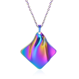 Detail view of 18k gold plated stainless steel necklace with iridescent square pendant