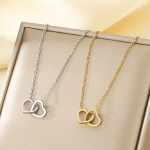 Minimalist 18K gold plated stainless steel necklace with double interlocking heart pendants