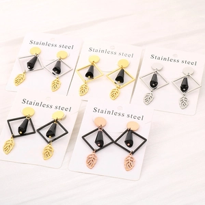 Stainless Steel Geometric Square Drop Earrings With Hollow Leaf Pendant And Black Bead Minimalist Modern Women Jewelry