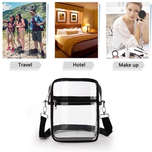 Close-up of waterproof transparent PVC crossbody bag with black trim and travel scenarios