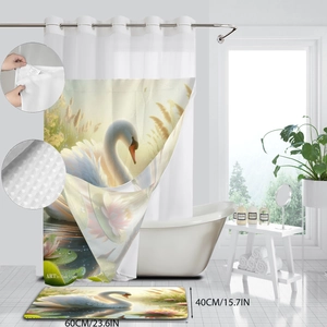 Double-layer white swan shower curtain set with waterproof mat and metal grommets
